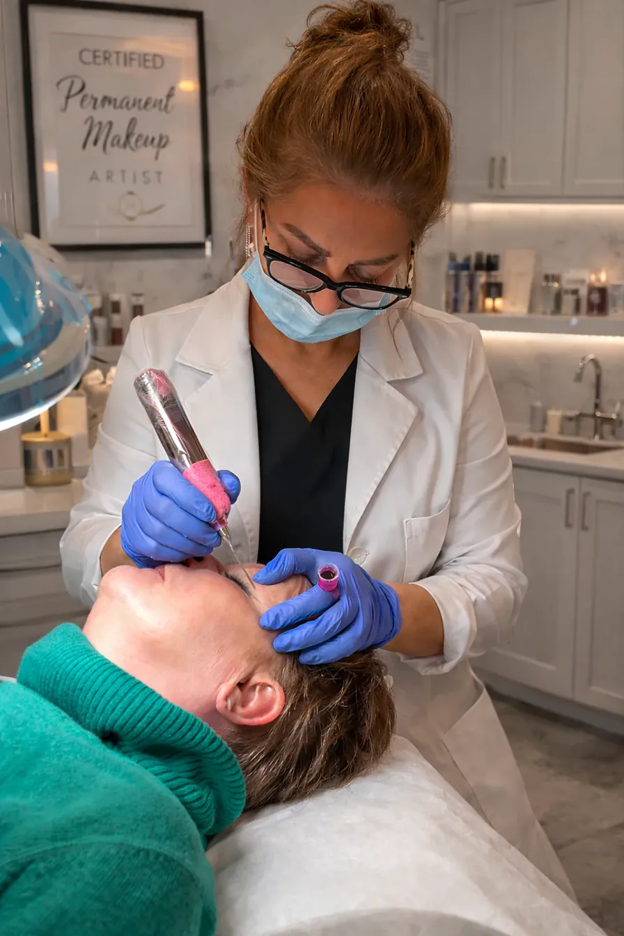 Nahid Farzinzad performing permanent makeup in her Avon studio